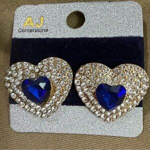Gold-Tone Heart Earrings with Royal Blue Crystal